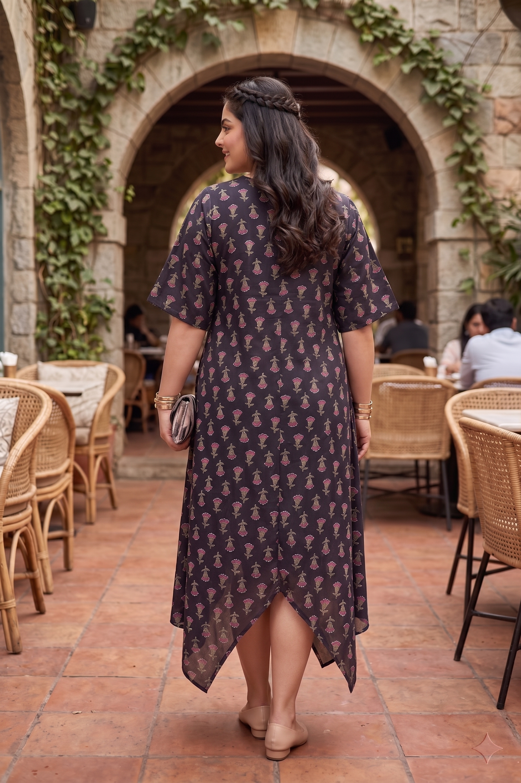 Plus Size Black Floral Printed Cotton Asymmetric Midi Dress for Women | V-Neck Casual A-Line Dress
