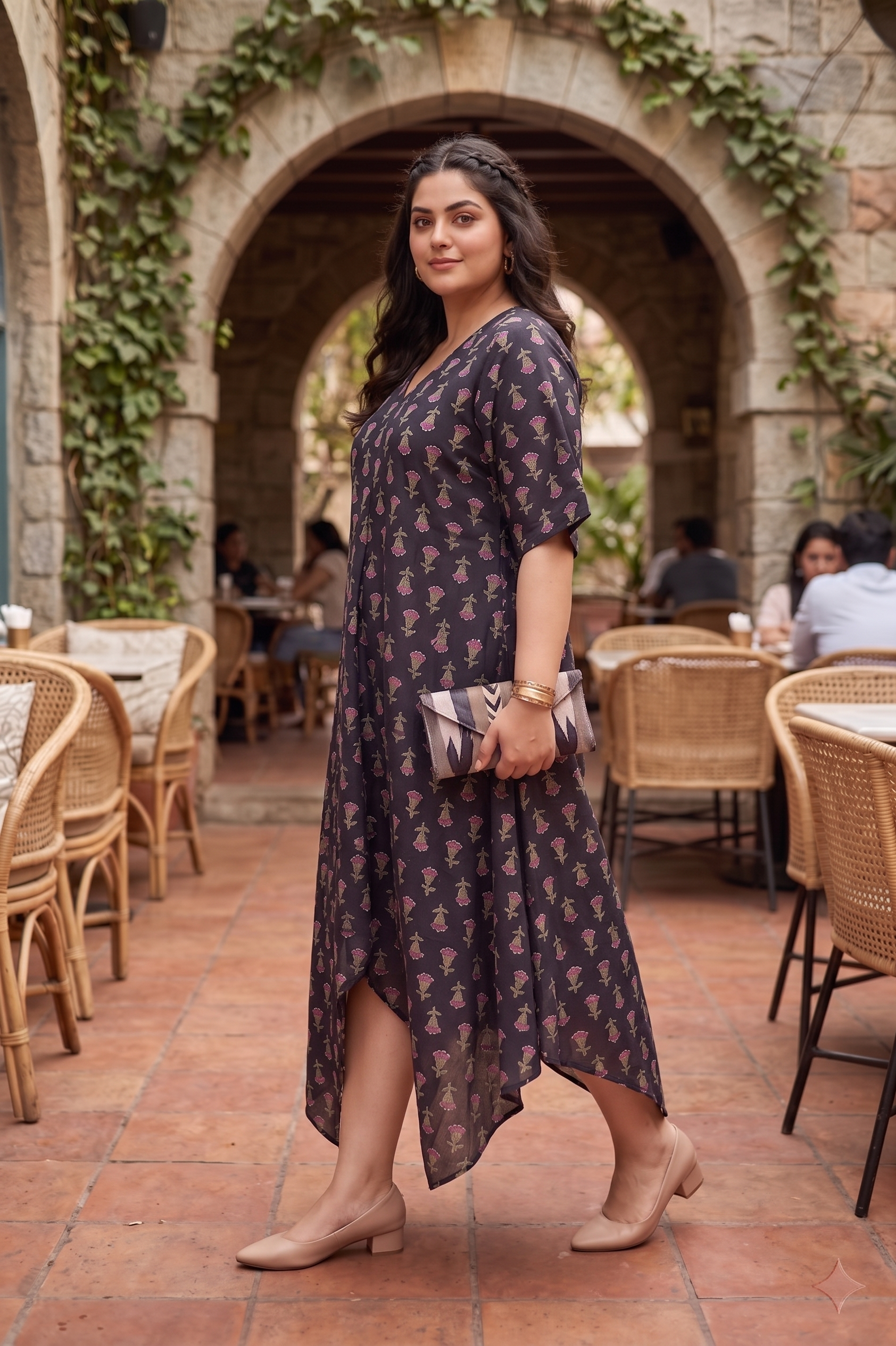 Plus Size Black Floral Printed Cotton Asymmetric Midi Dress for Women | V-Neck Casual A-Line Dress