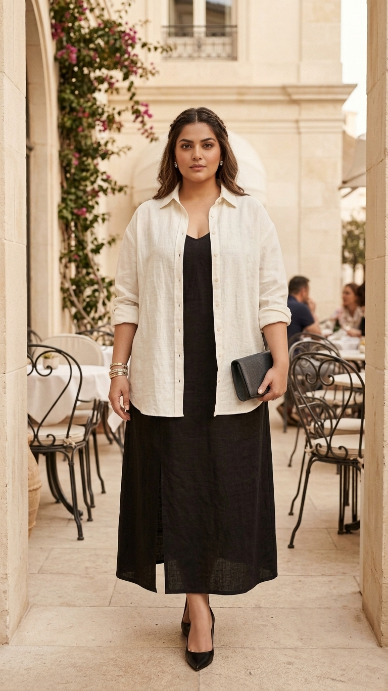 Plus Size Linen Cotton Dress – Black Strappy Midi Dress
