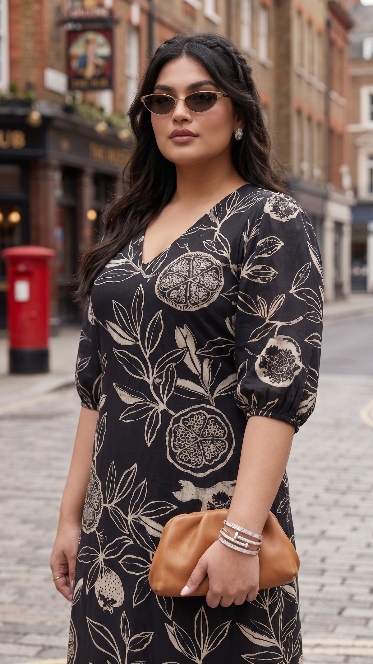 Plus Size Cotton Floral Dress – Black Printed Midi Dress