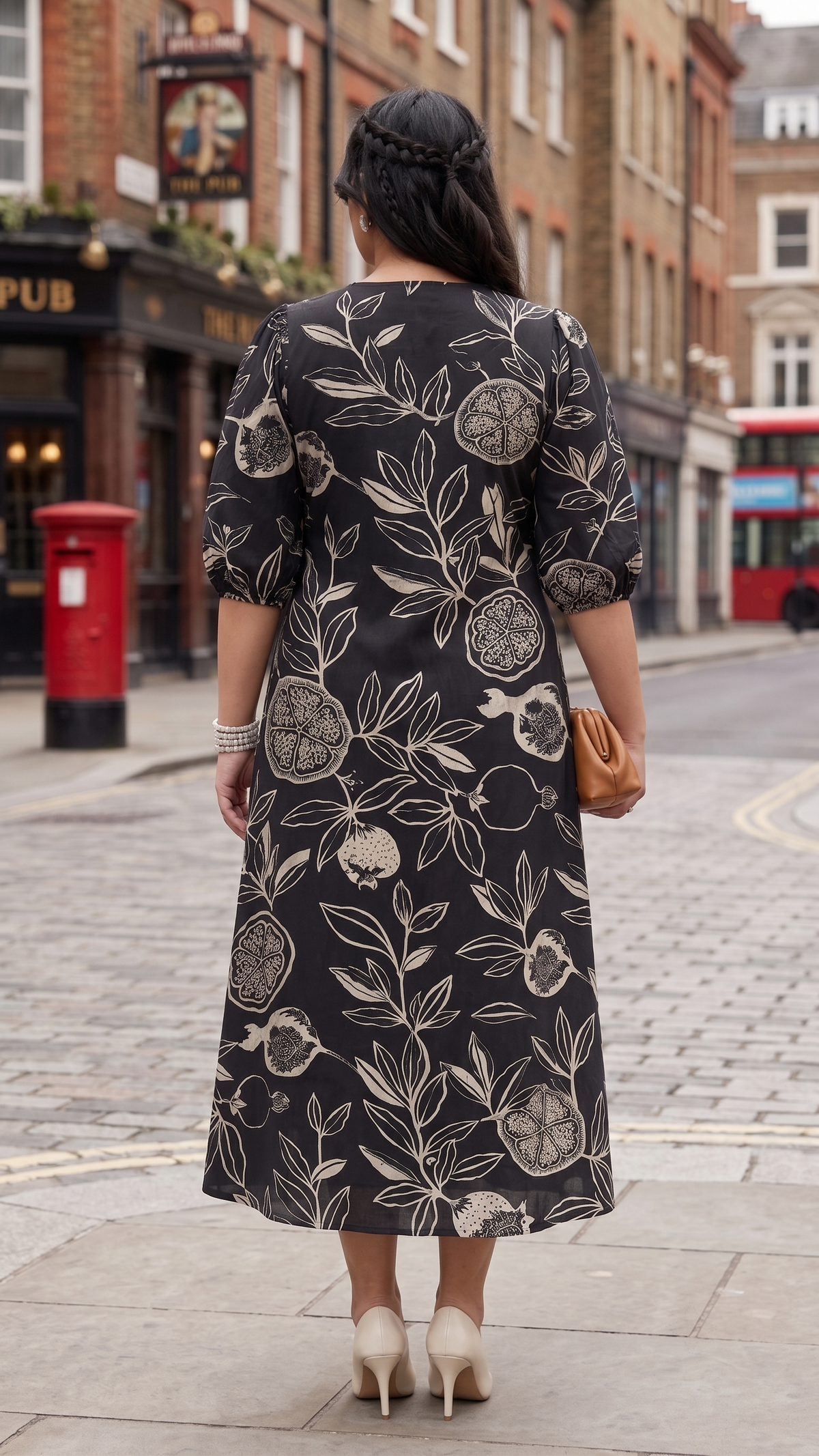 Plus Size Cotton Floral Dress – Black Printed Midi Dress