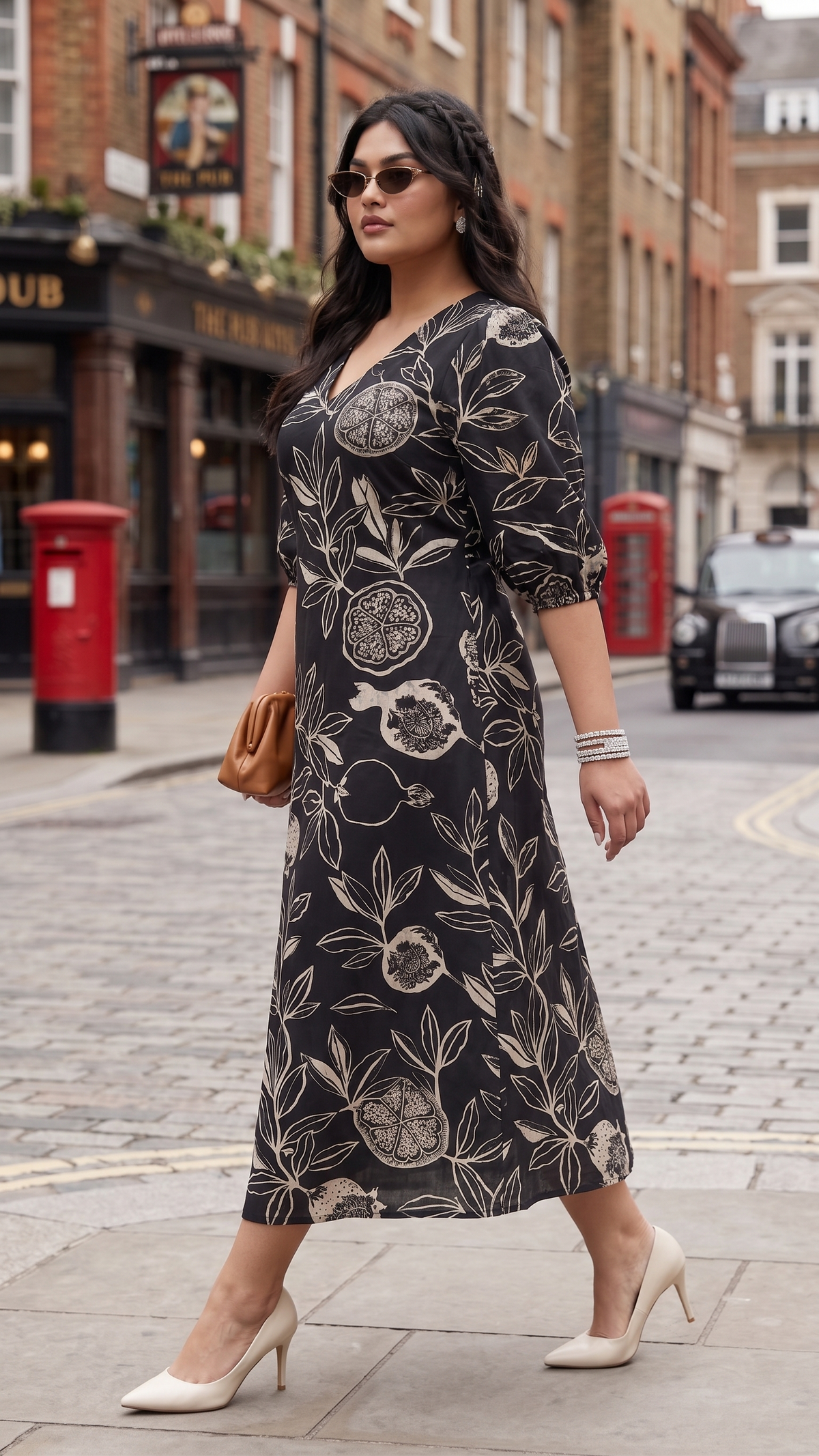 Plus Size Cotton Floral Dress – Black Printed Midi Dress