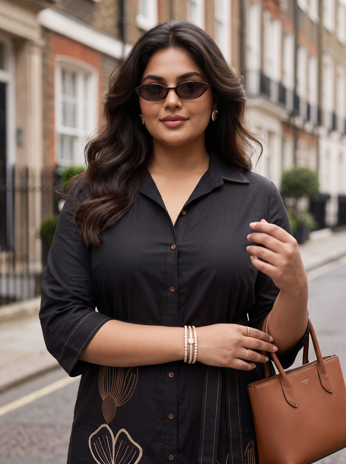 Plus Size Black Cotton Shirt Dress with Floral Embroidery