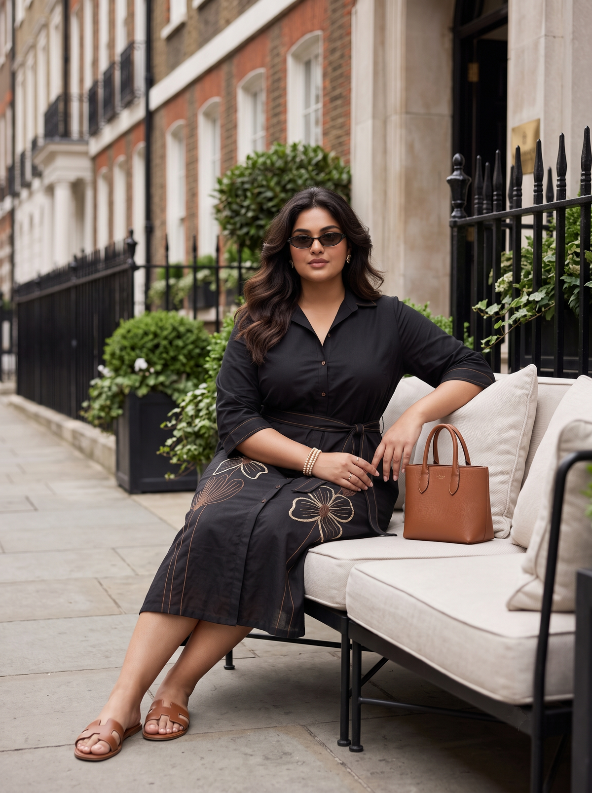 Plus Size Black Cotton Shirt Dress with Floral Embroidery
