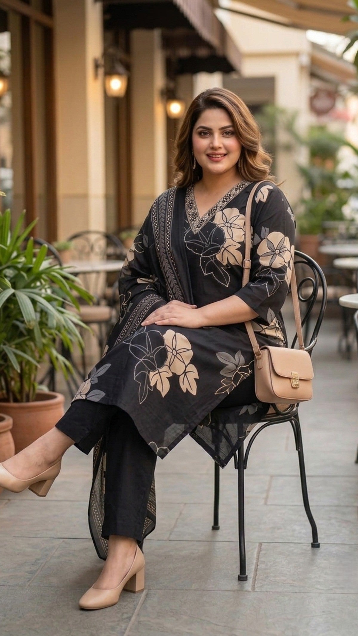Plus Size Black Floral Print Cotton Kurta Set with Dupatta