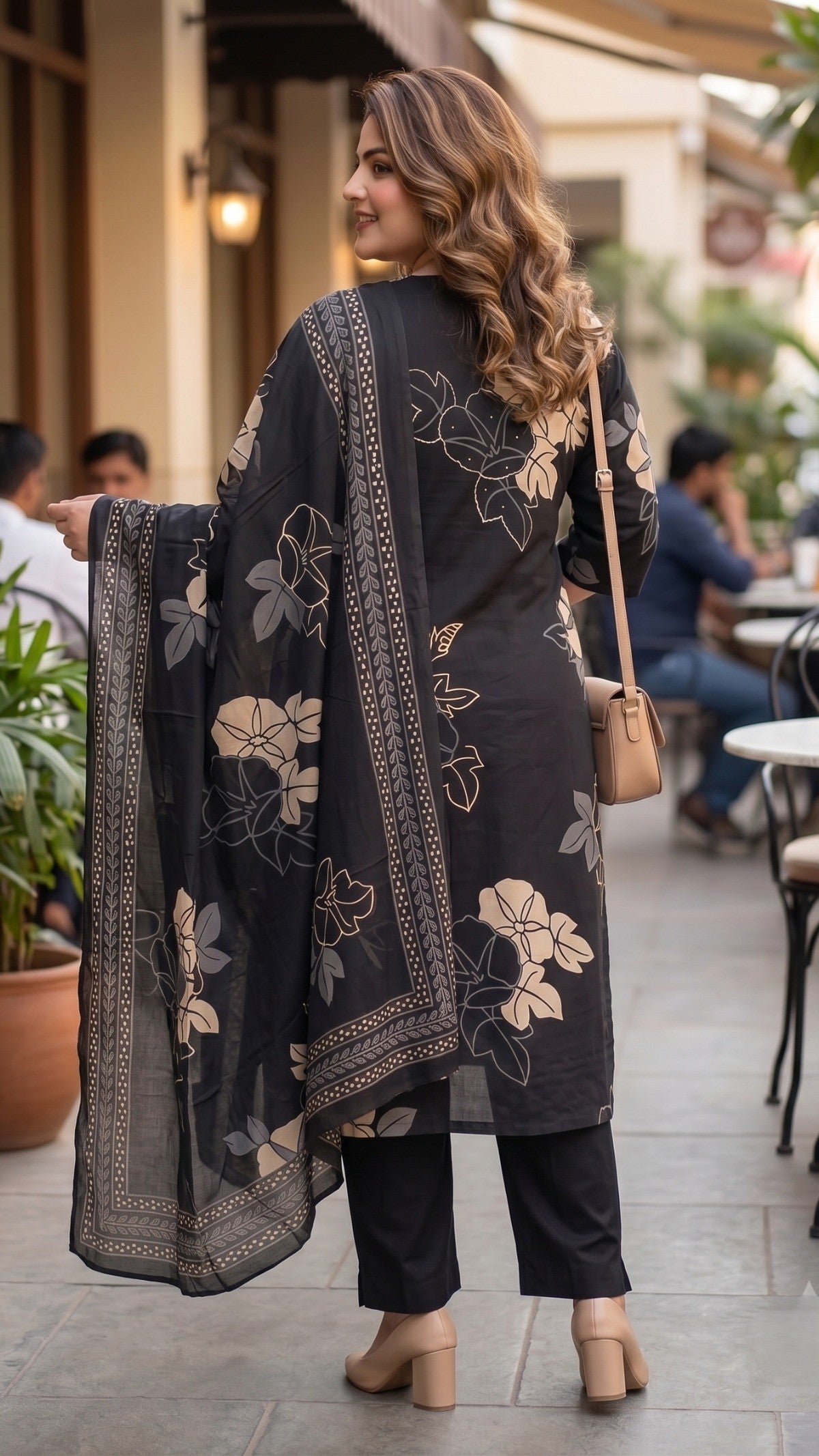 Plus Size Black Floral Print Cotton Kurta Set with Dupatta