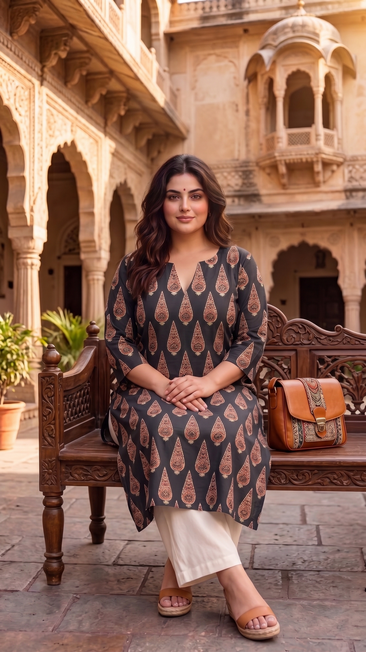 Plus Size Cotton Printed Kurta – Black Paisley Straight Fit Kurta