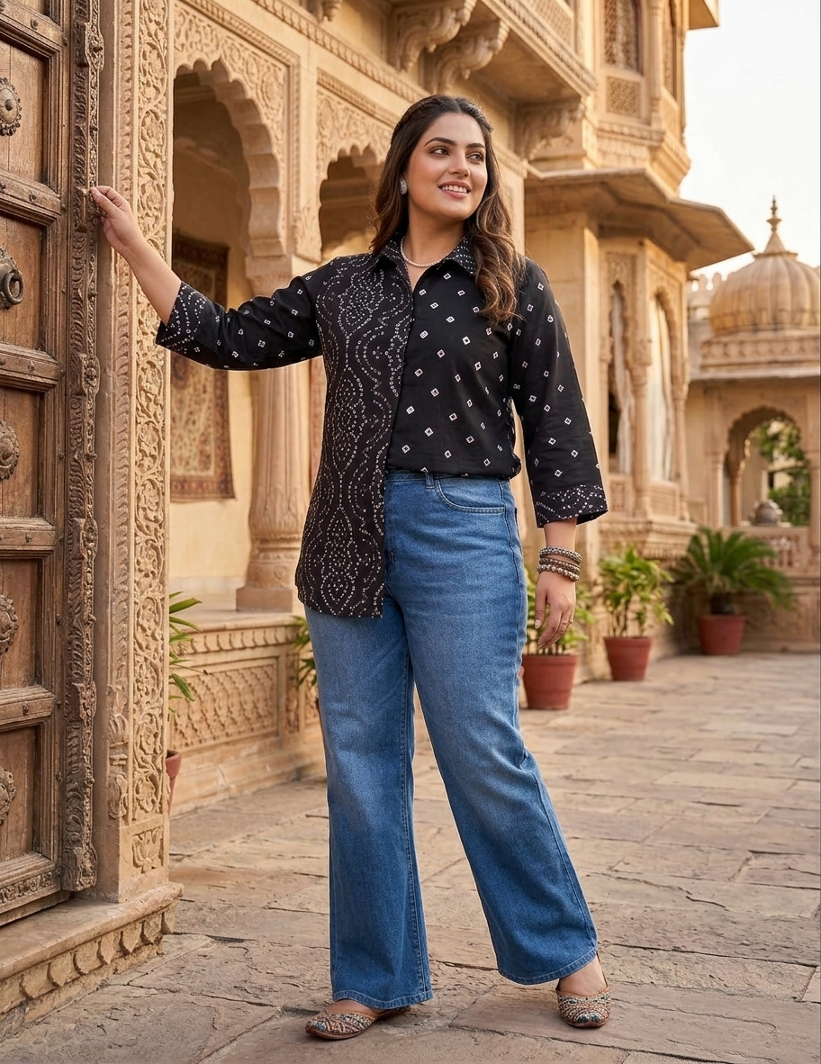 Plus Size Black Bandhani Printed Cotton Shirt for Women | Collared Button-Down Casual Shirt