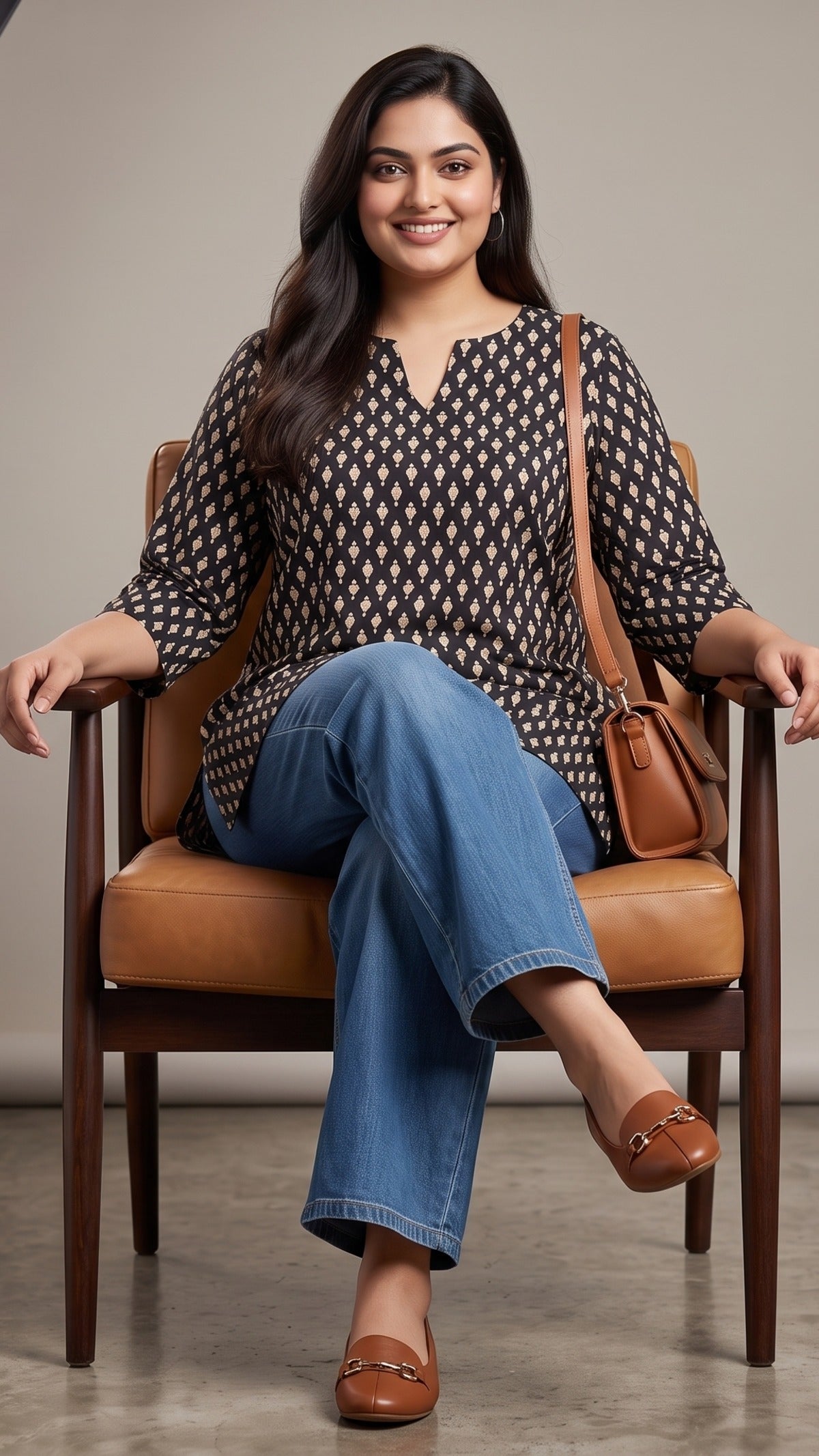 Plus Size Black Printed Cotton Top for Women | Mandarin Neck Casual Kurti Top