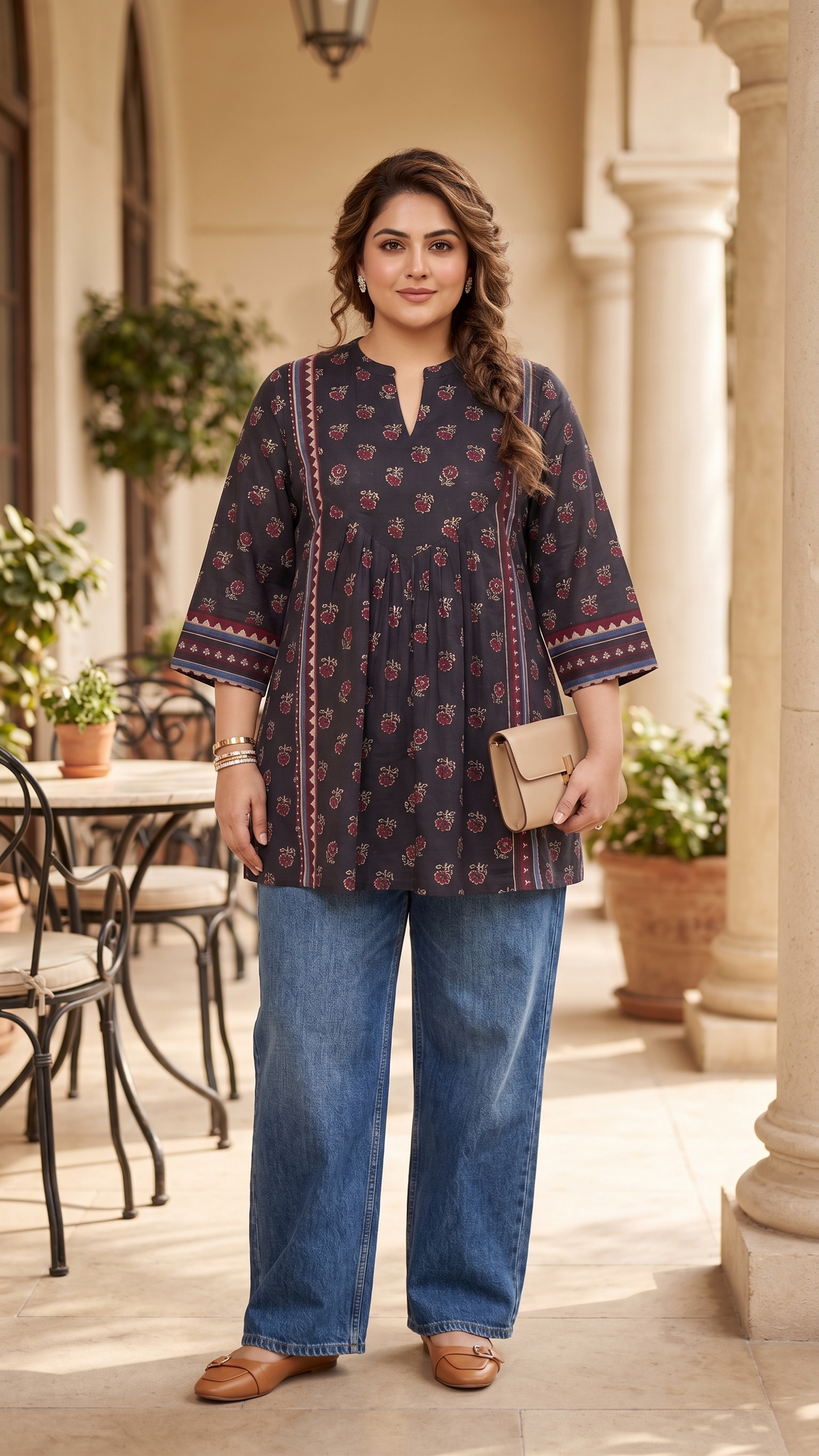 Plus Size Cotton Printed Top Tunic – Black Floral Flared Tunic