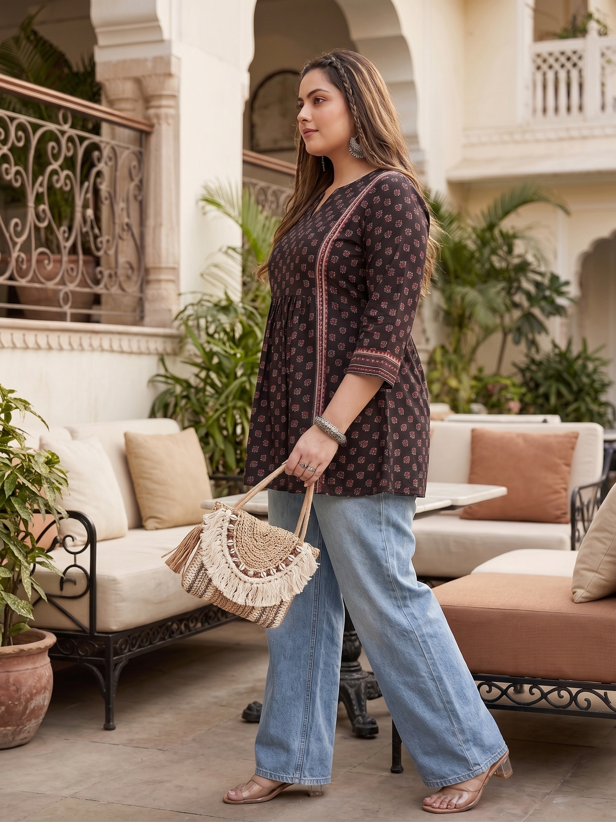 Plus Size 100% Cotton Printed Top Tunic – Black Floral Flared Tunic