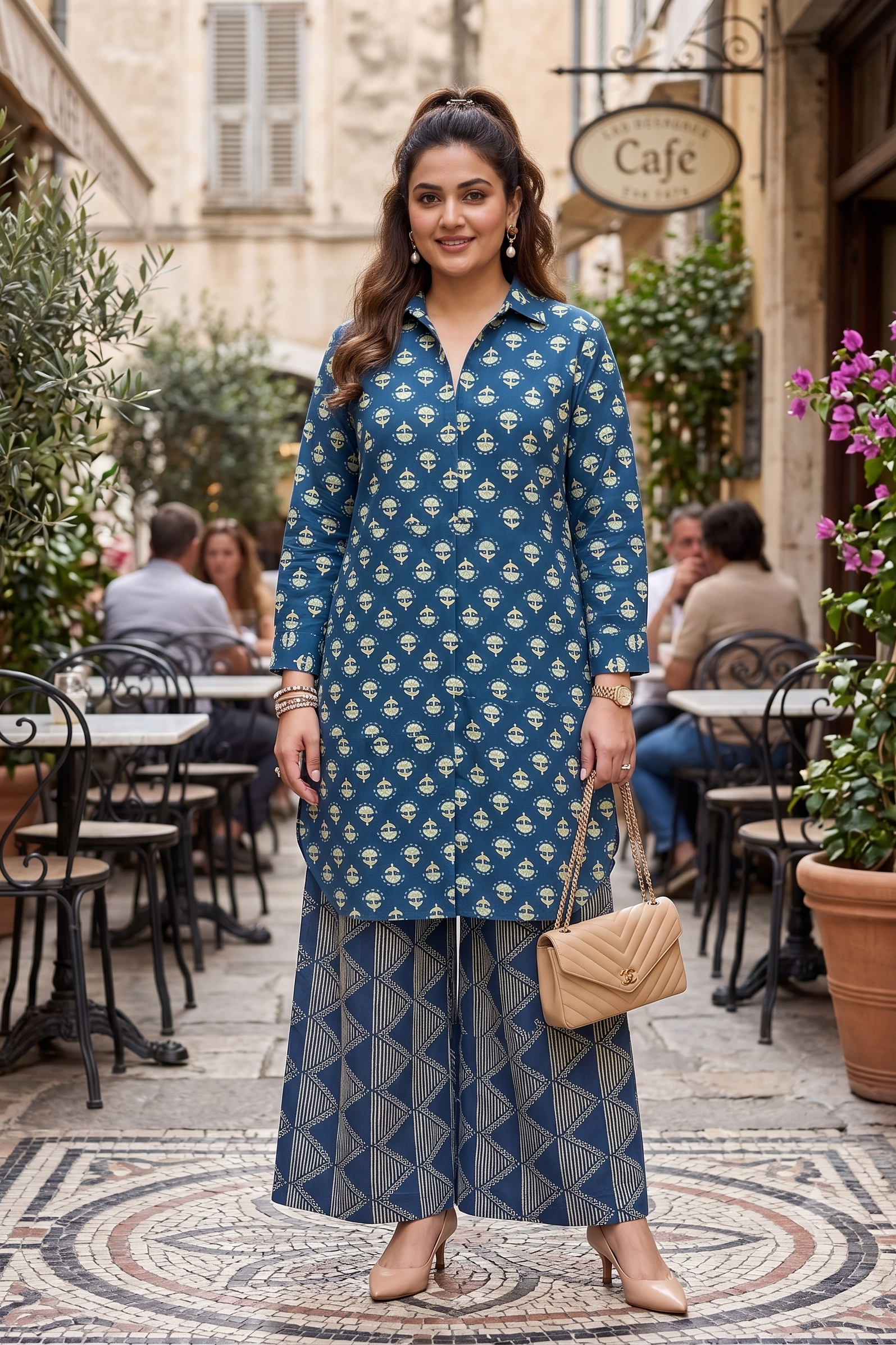 Plus Size Blue Printed Cotton Co-Ord Set for Women | Printed Shirt & Wide Leg Pants