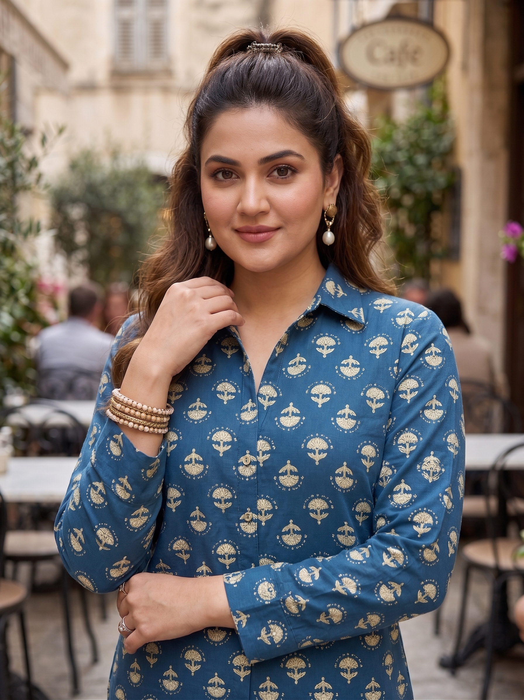 Plus Size Blue Printed Cotton Co-Ord Set for Women | Printed Shirt & Wide Leg Pants