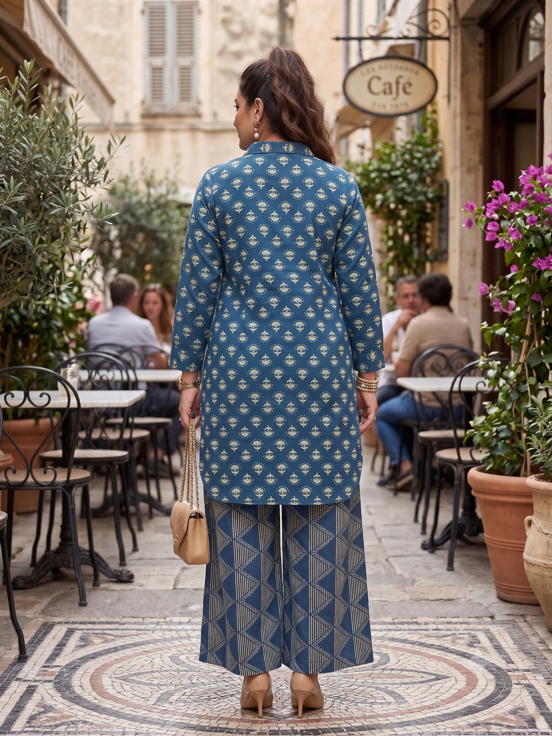 Plus Size Blue Printed Cotton Co-Ord Set for Women | Printed Shirt & Wide Leg Pants