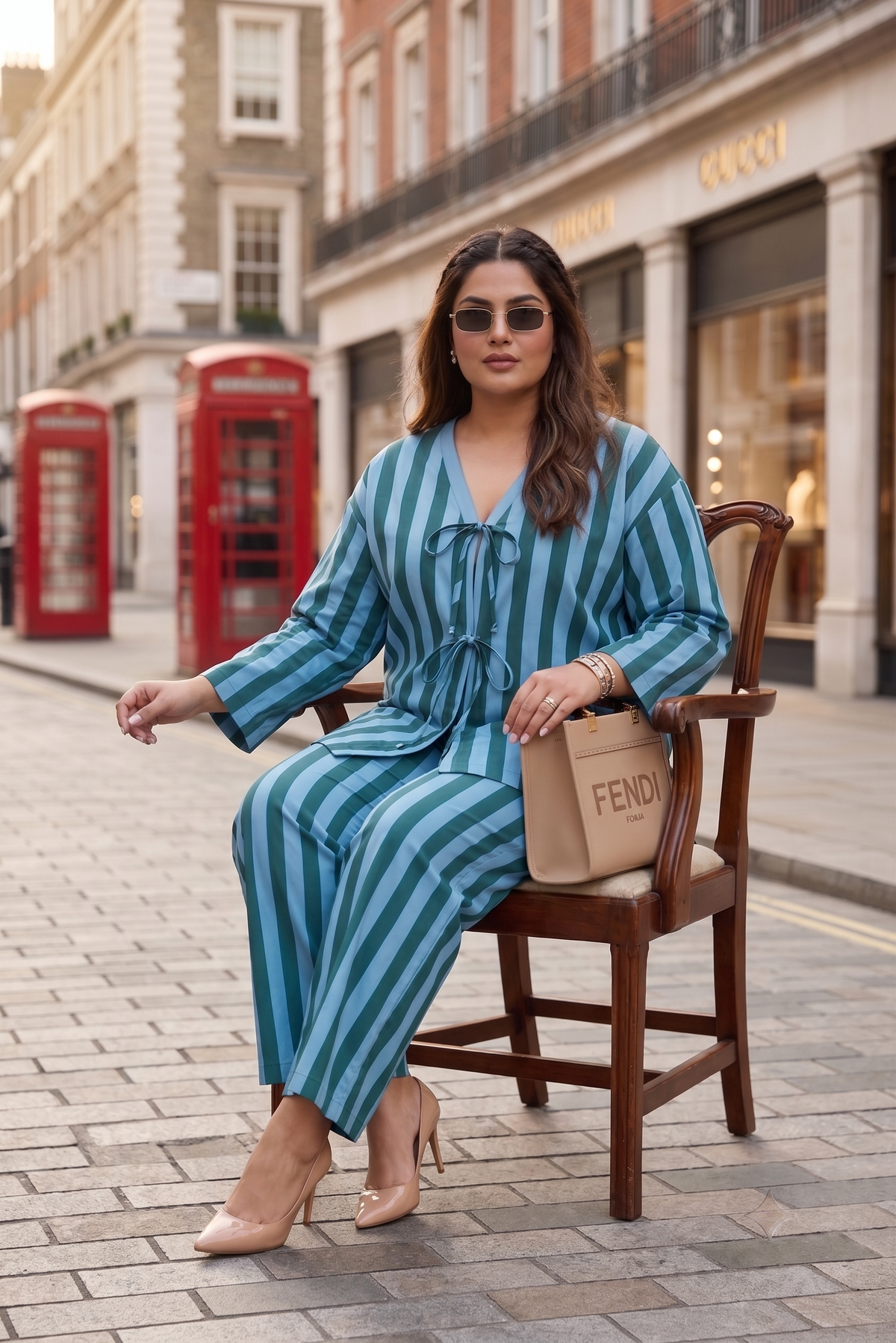 Plus Size Cotton Striped Co-ord Set – Blue & Green Tie-Front Top with Wide-Leg Pants