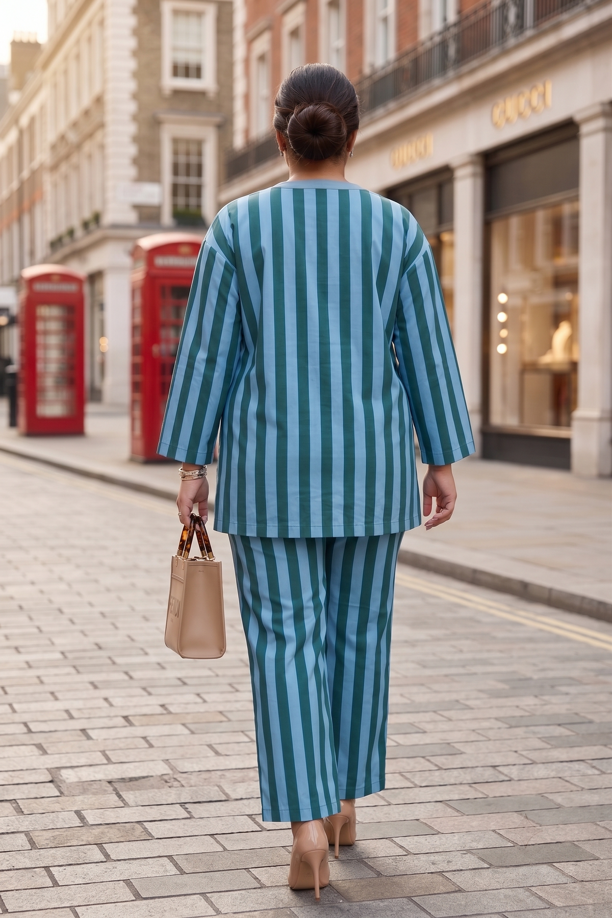 Plus Size Cotton Striped Co-ord Set – Blue & Green Tie-Front Top with Wide-Leg Pants