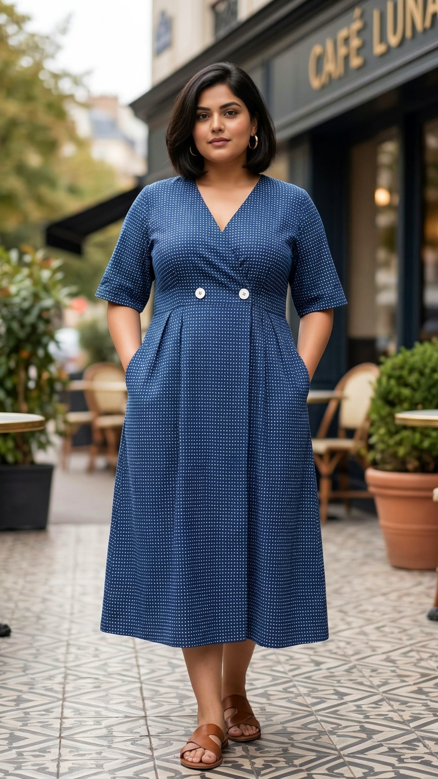 Plus Size Cotton Front Open Midi Dress – Polka Dot V-Neck A-Line Dress (Navy Blue)