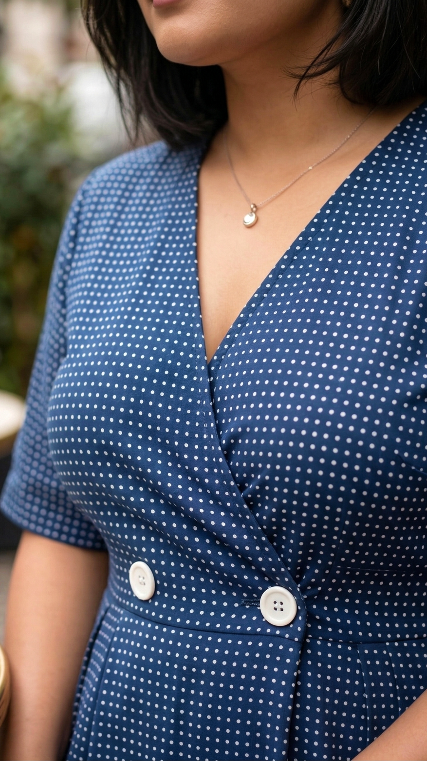 Plus Size Cotton Front Open Midi Dress – Polka Dot V-Neck A-Line Dress (Navy Blue)