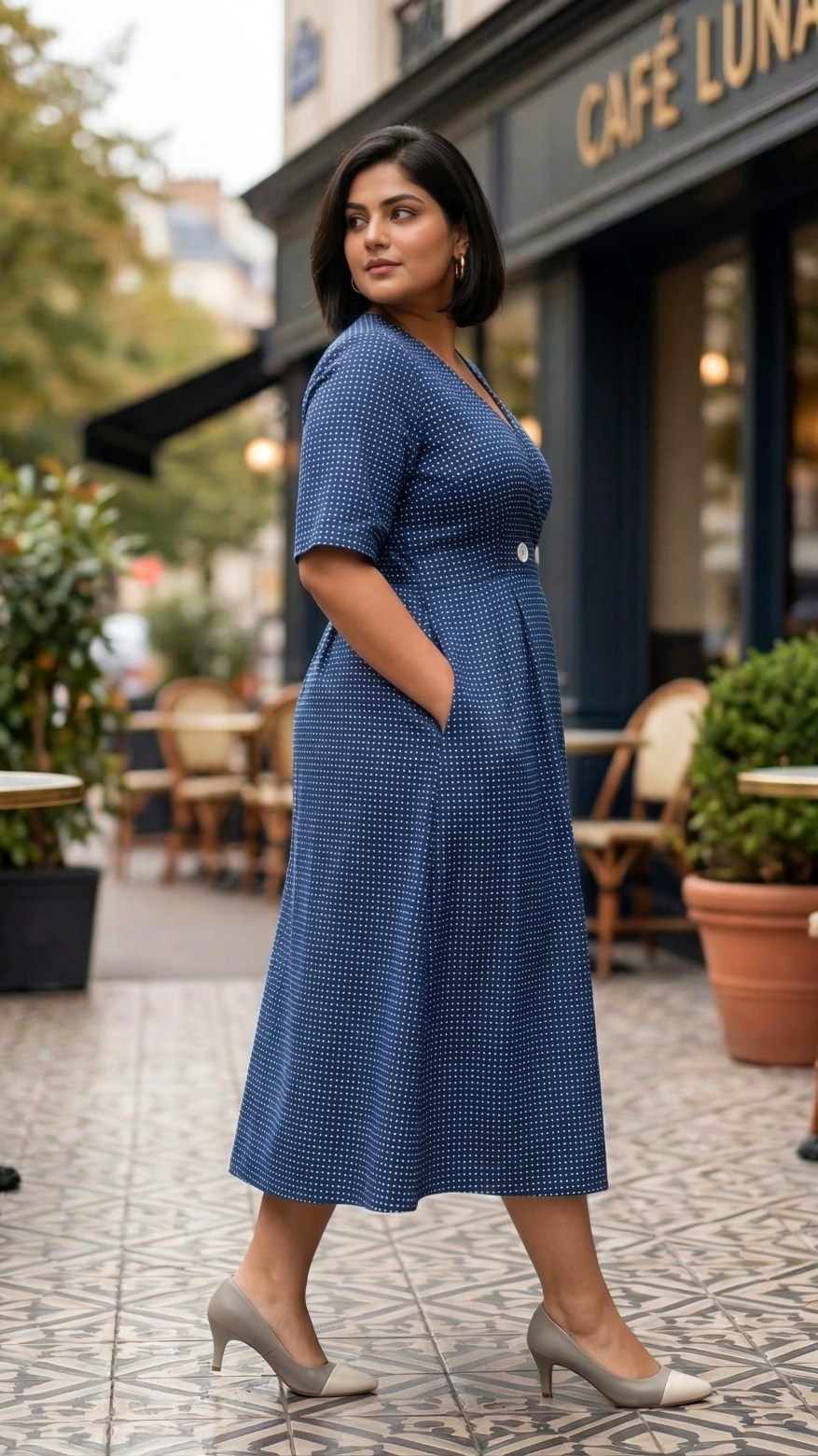 Plus Size Cotton Front Open Dress for Women | Navy Polka Dot Midi Dress Plus Size Cotton Front Open Dress for Women | Navy Polka Dot Midi Dress