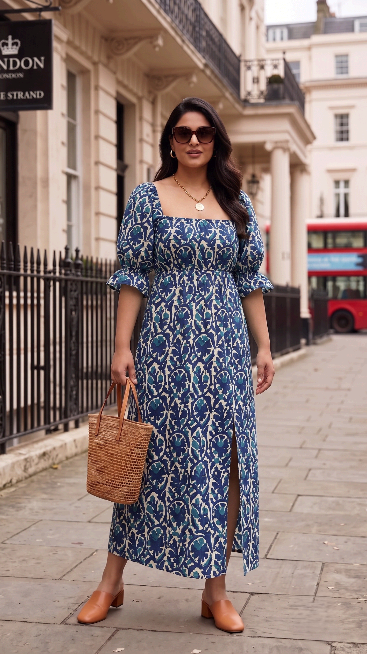 Plus Size Blue Floral Printed Cotton Maxi Dress for Women | Square Neck Puff Sleeve Dress
