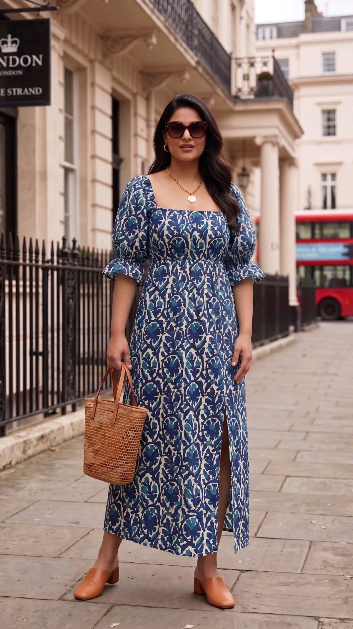 Plus Size Blue Floral Printed Cotton Maxi Dress for Women | Square Neck Puff Sleeve Dress