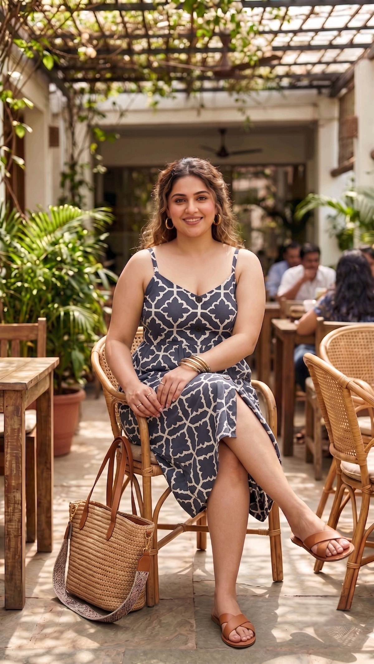 Plus Size Navy Blue Geometric Printed Cotton Midi Dress for Women | Sleeveless Button-Front Dress
