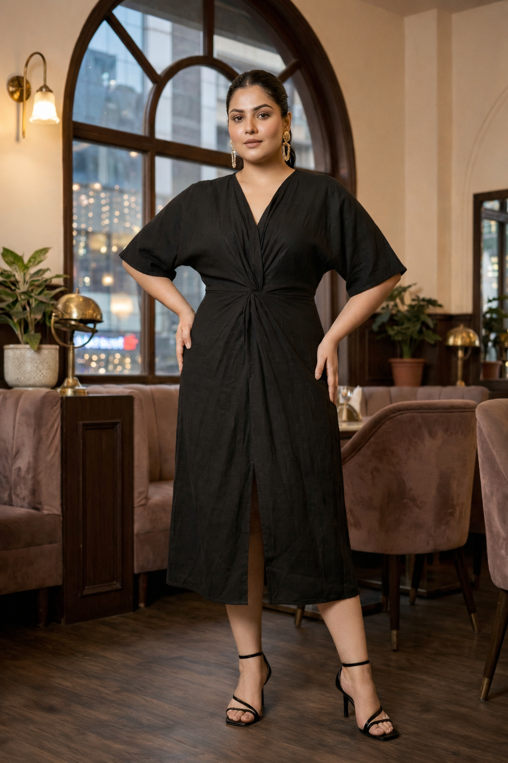 Black Front Knot Satin Dress