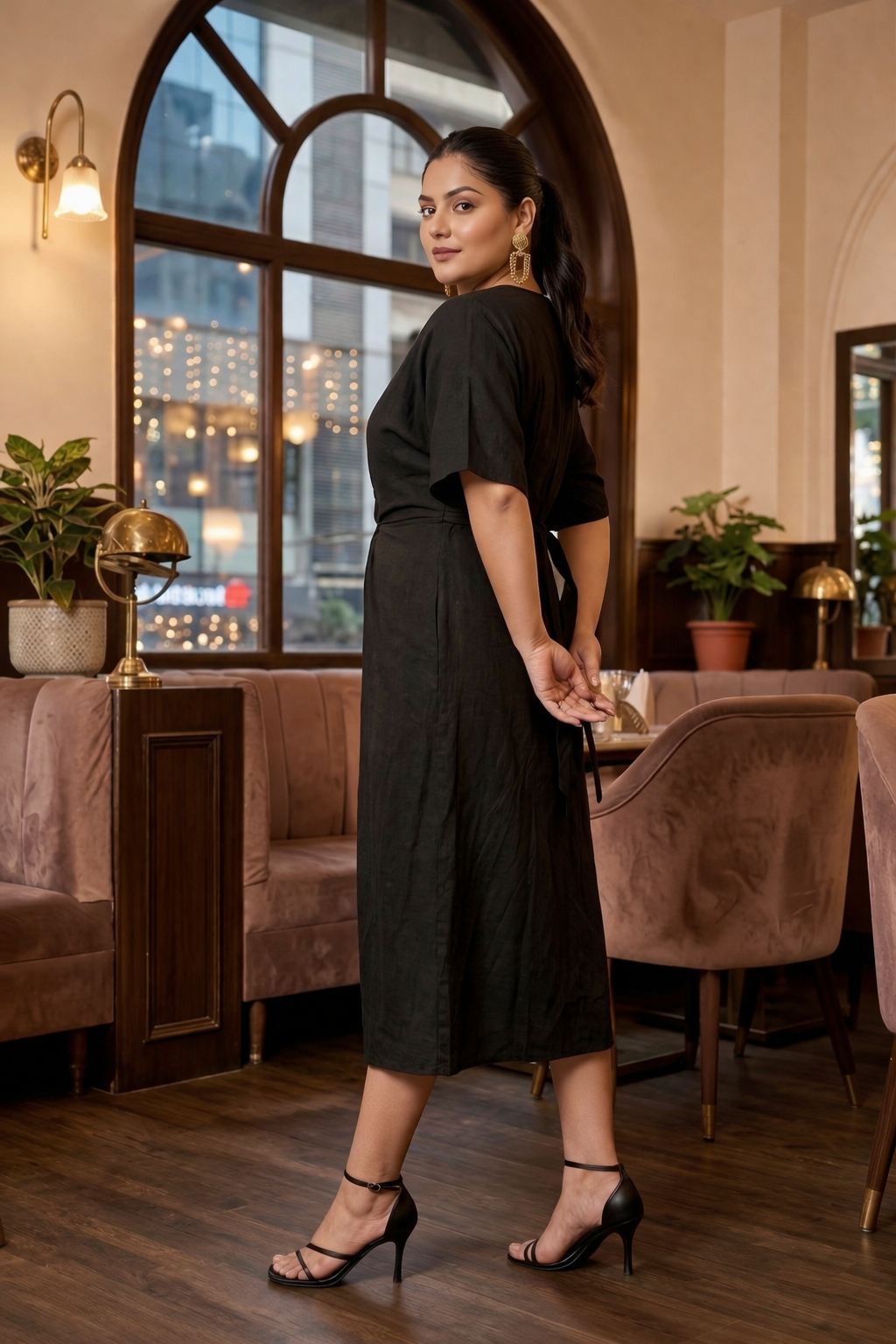 Regular Black Front Knot Satin Dress