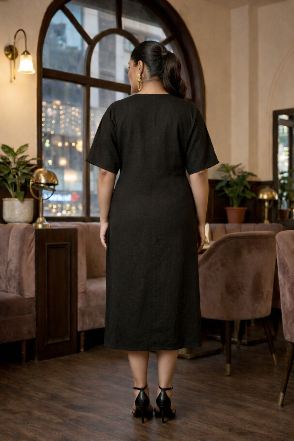 Regular Black Front Knot Satin Dress