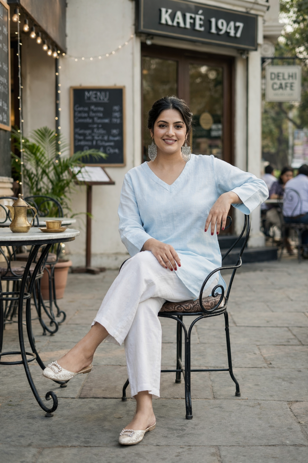 Regular Sky Blue Linen V Neck Short Top (Only top)