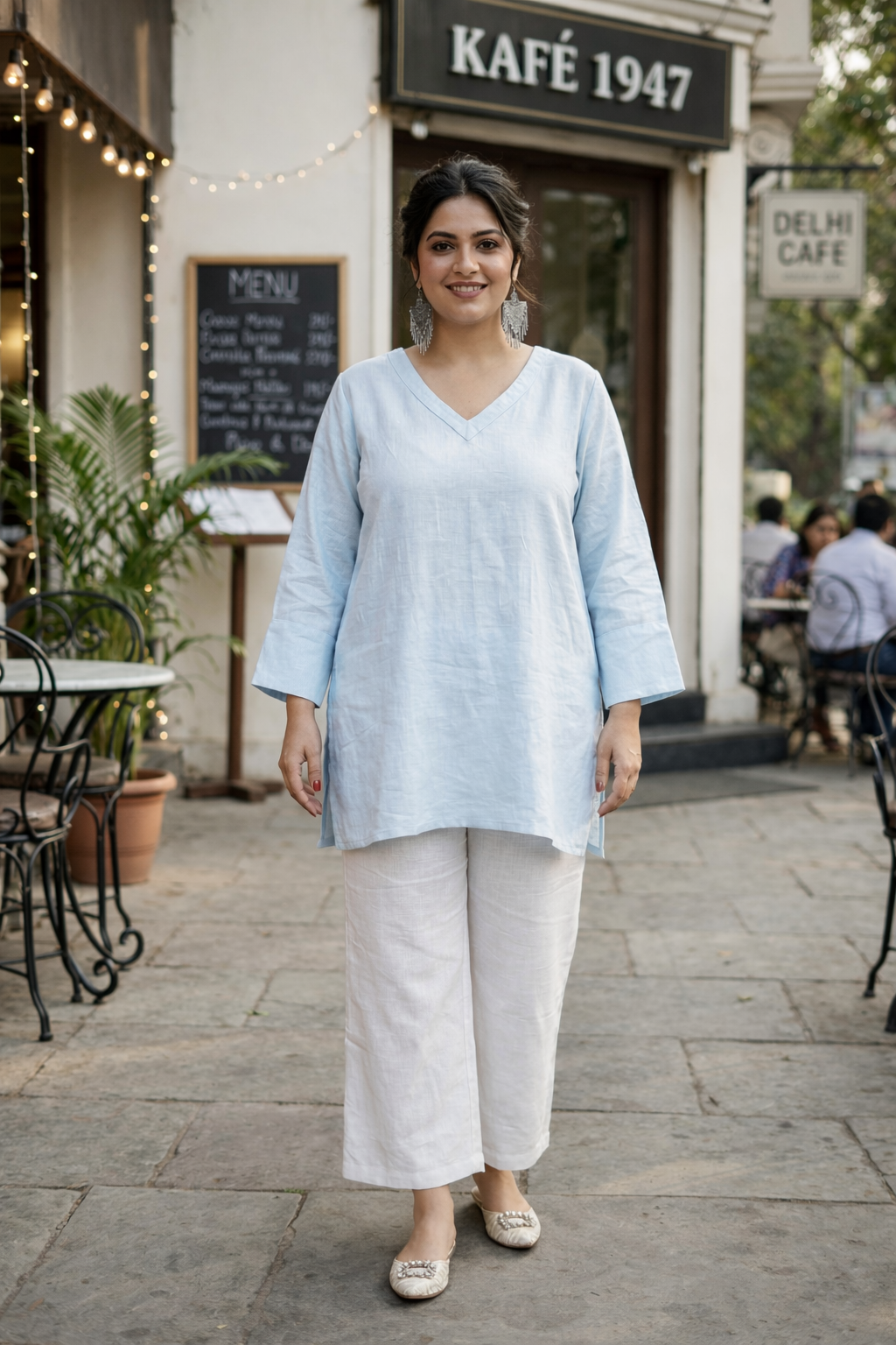 Regular Sky Blue Linen V Neck Short Top (Only top)