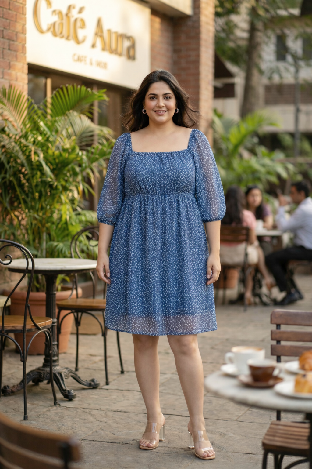 Blue Printed Georgette Short Dress