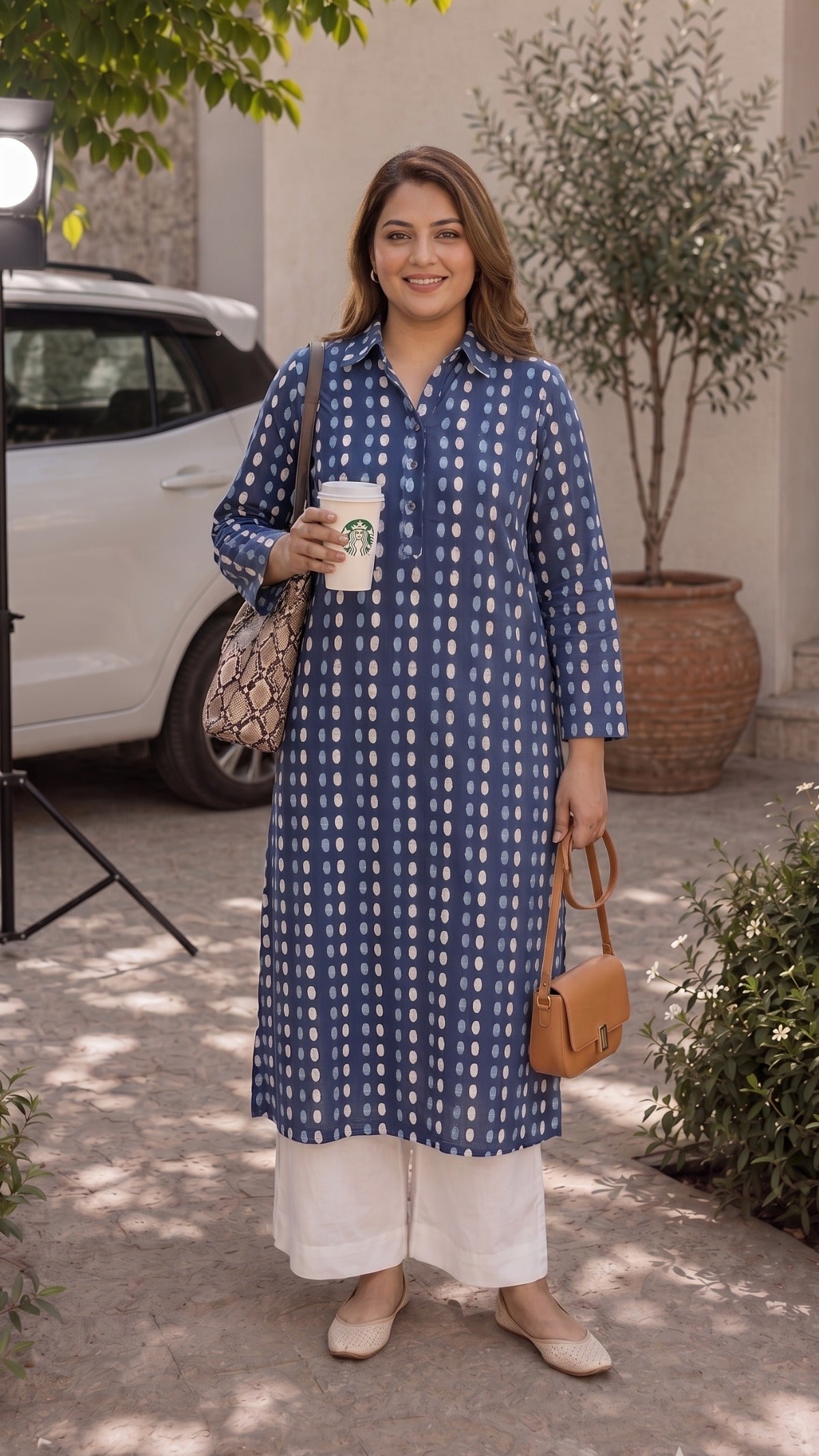 Plus Size Blue Printed Cotton Kurta Set for Women | Straight Kurta with Pants