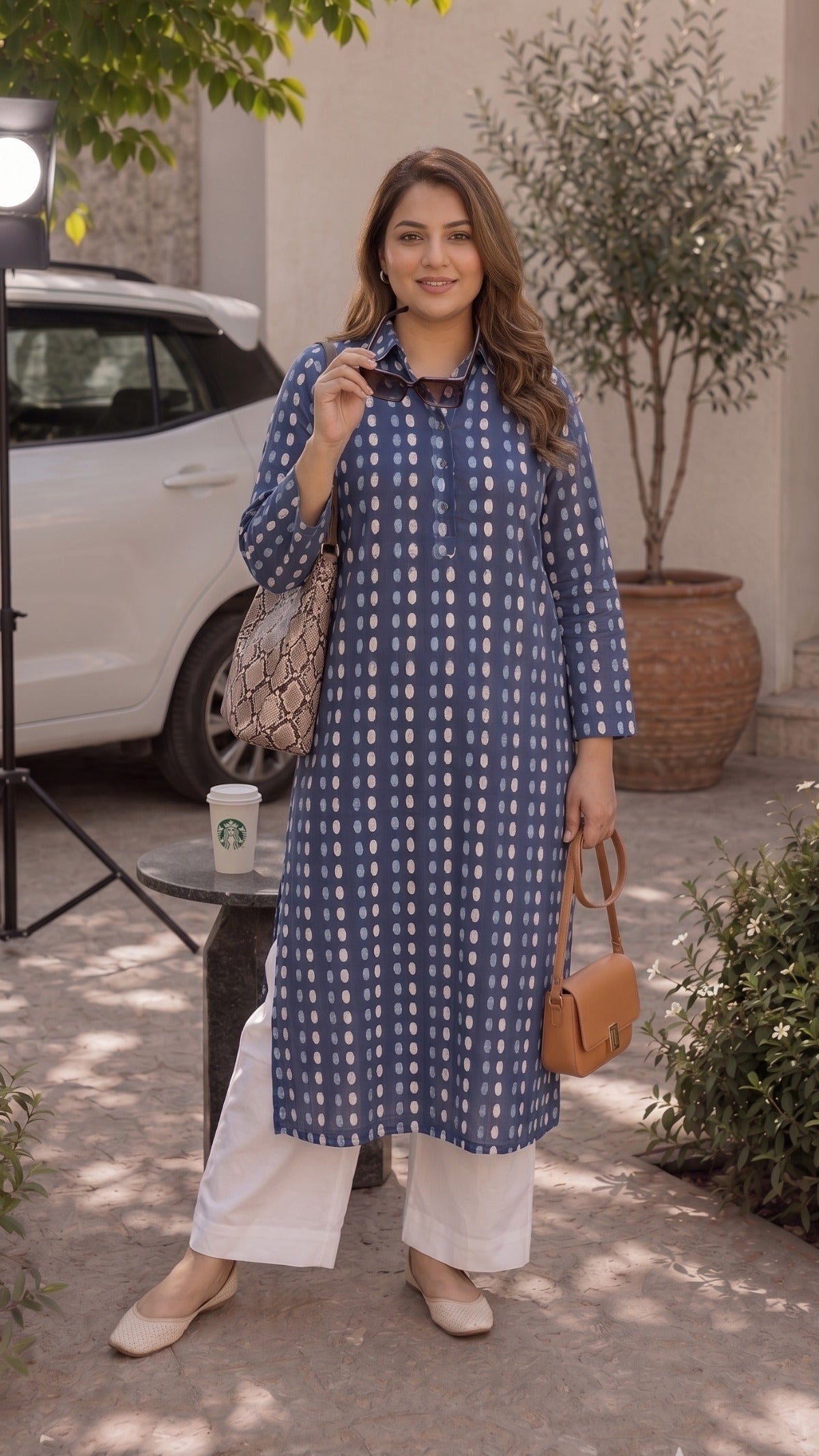 Plus Size Blue Printed Cotton Kurta Set for Women | Straight Kurta with Pants