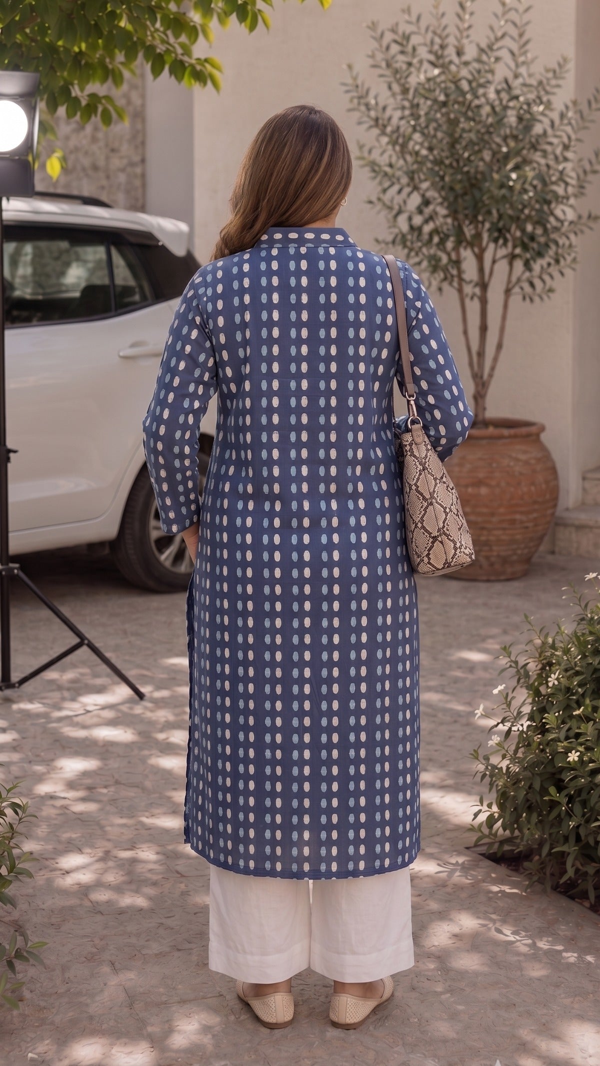 Plus Size Blue Printed Cotton Kurta Set for Women | Straight Kurta with Pants