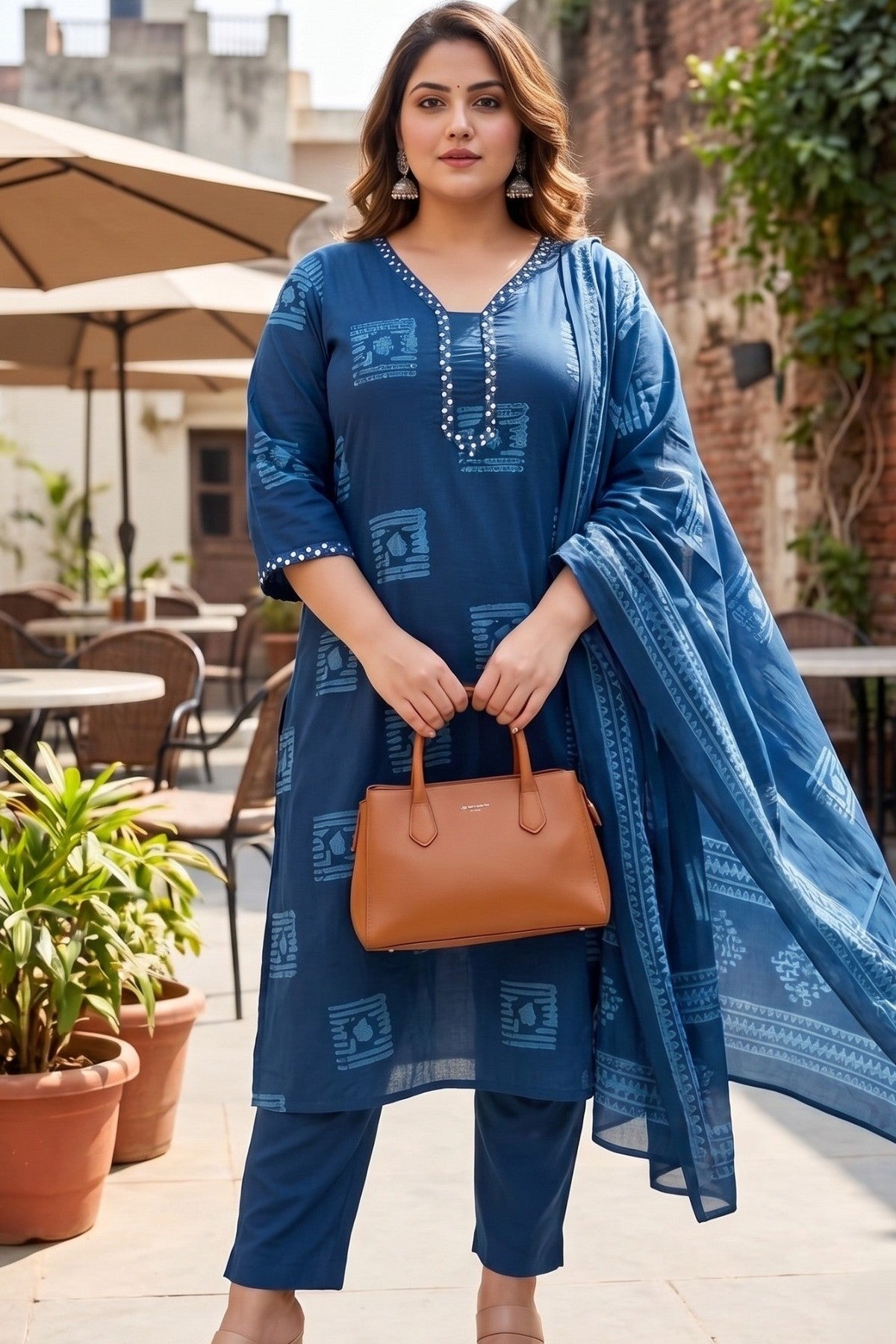 Plus Size Blue Printed Cotton Kurta Set with Dupatta