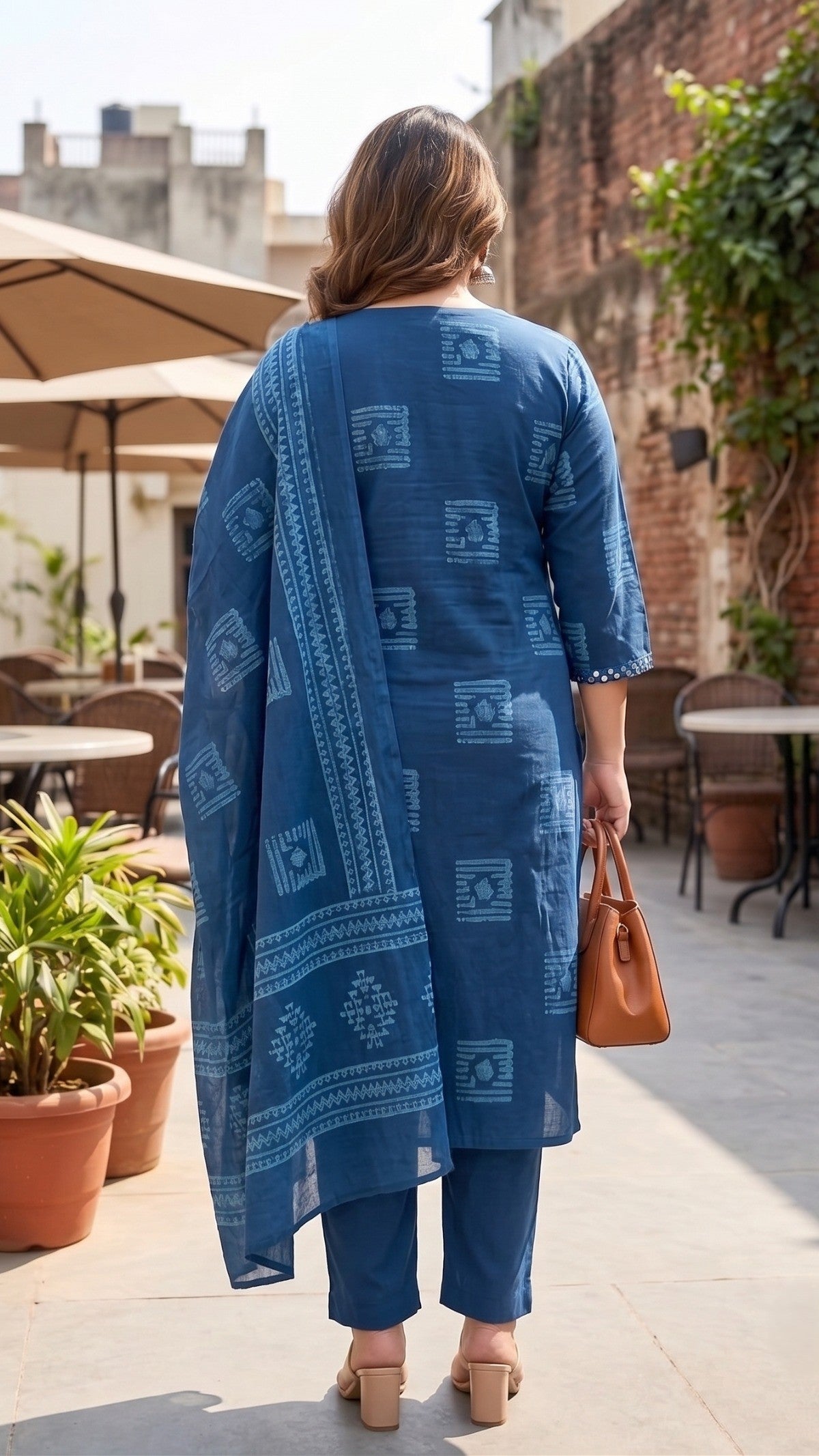 Plus Size Blue Printed Cotton Kurta Set with Dupatta