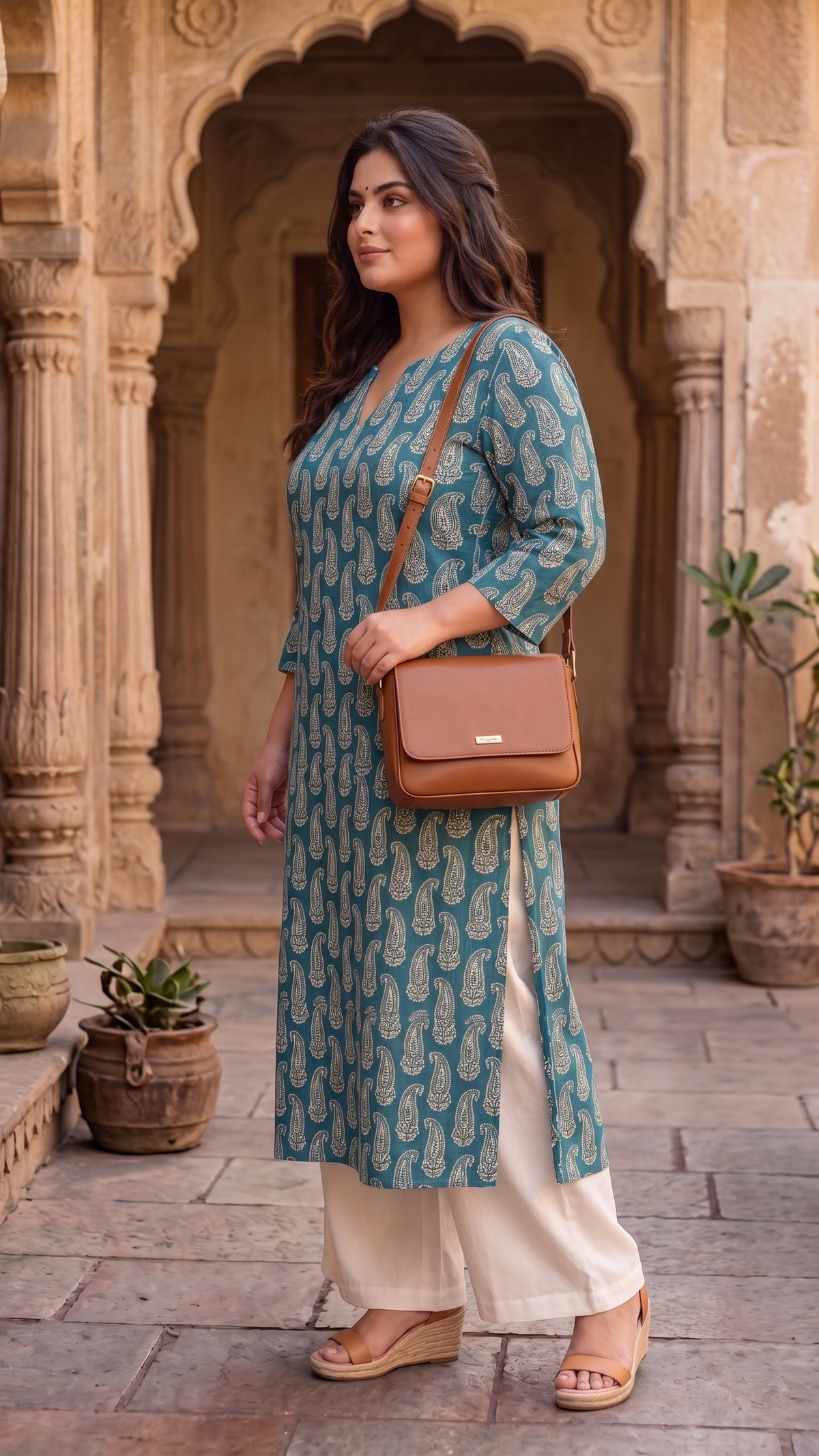 Plus Size Cotton Printed Kurta – Teal Paisley Straight Fit Kurta
