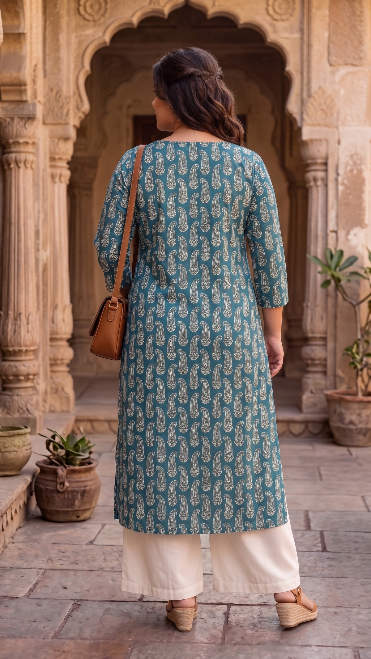 Plus Size Cotton Printed Kurta – Teal Paisley Straight Fit Kurta