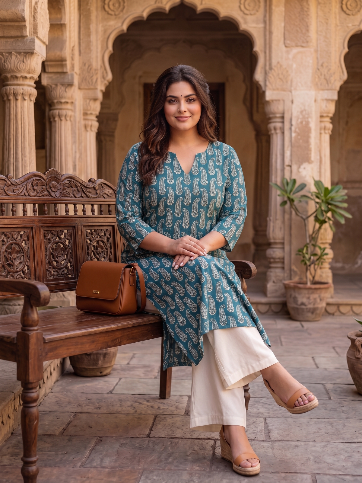 Plus Size Cotton Printed Kurta – Teal Paisley Straight Fit Kurta