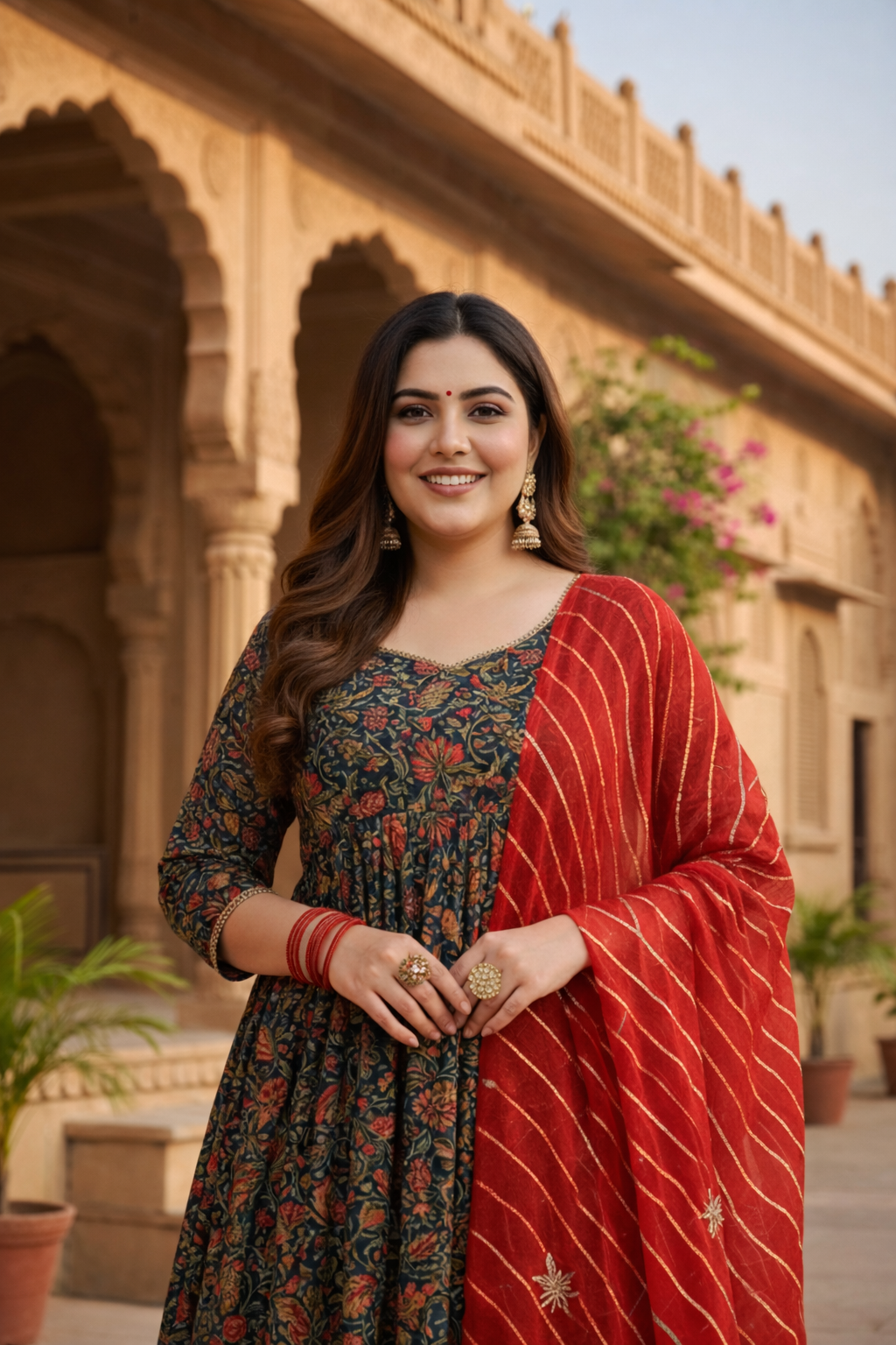 Blue Cotton Floral Print Anarkali Suit Set - ( Set of 3)