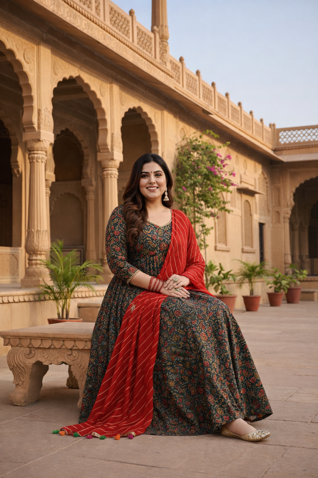 Blue Cotton Floral Print Anarkali Suit Set - ( Set of 3)