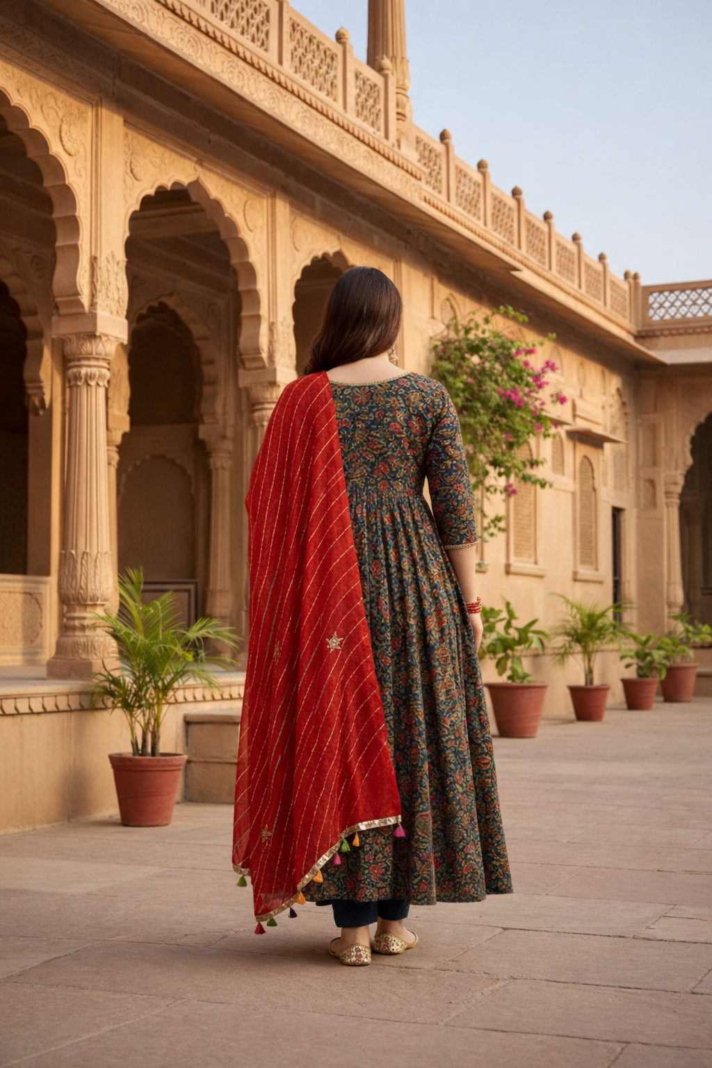 Blue Cotton Floral Print Anarkali Suit Set - ( Set of 3)