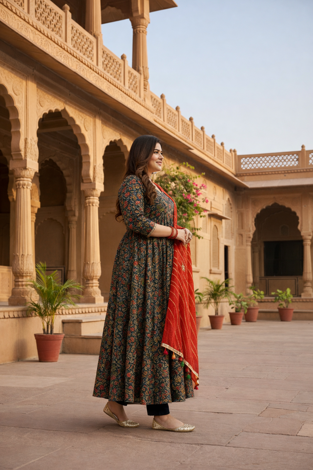 Blue Cotton Floral Print Anarkali Suit Set - ( Set of 3)