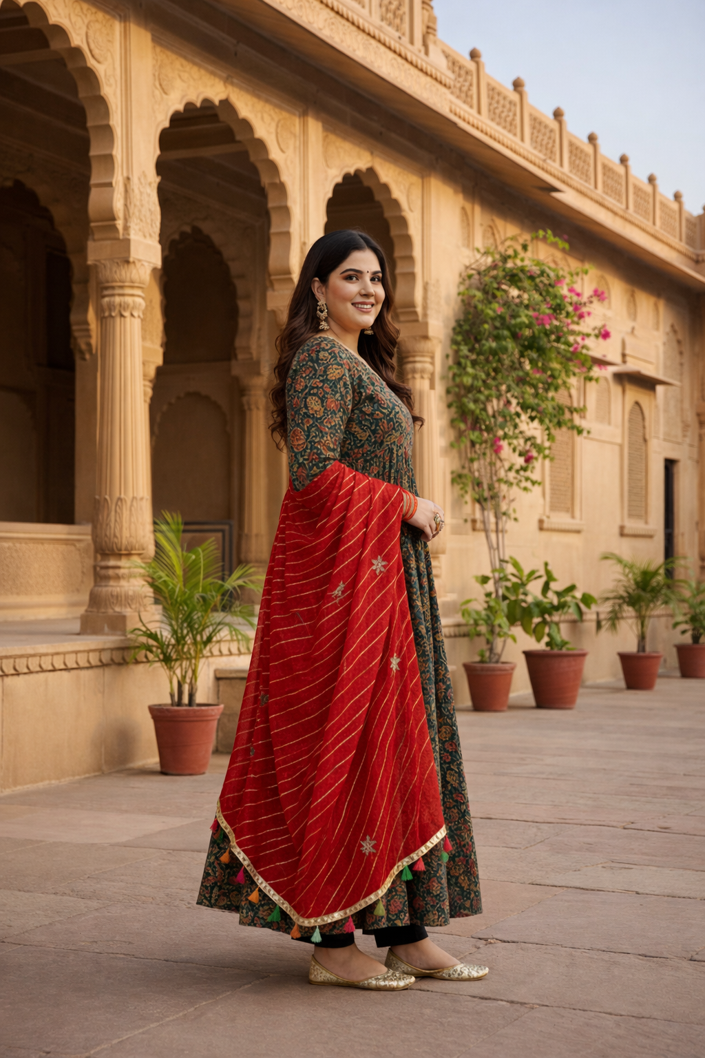 Blue Cotton Floral Print Anarkali Suit Set - ( Set of 3)