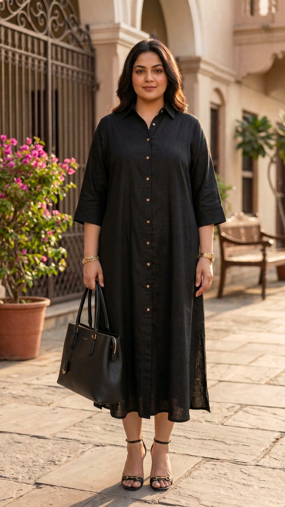 Plus Size Black Linen Cotton Shirt Dress – Front Button Midi Dress