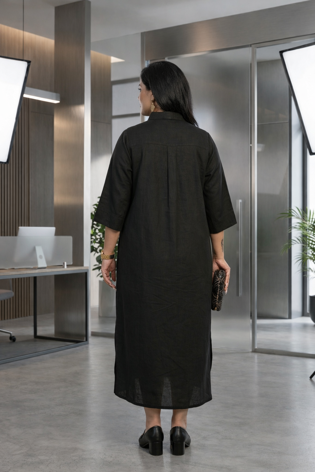 Black Oversized Linen Maxi Button Down Dress