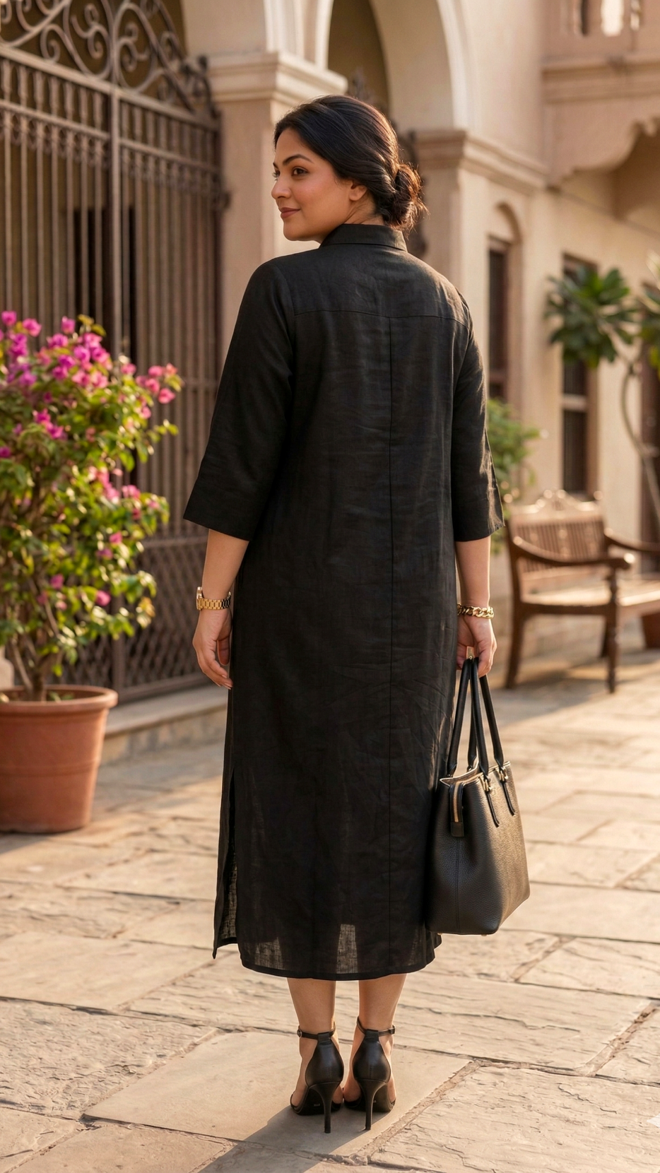 Plus Size Black Linen Cotton Shirt Dress – Front Button Midi Dress