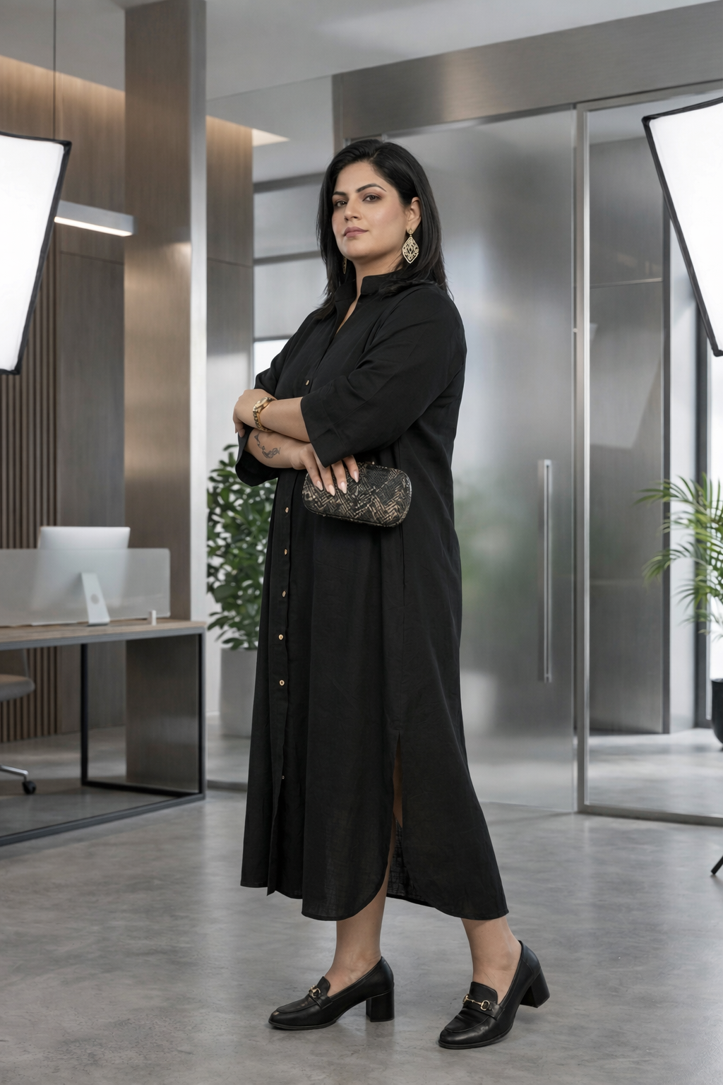 Black Oversized Linen Maxi Button Down Dress