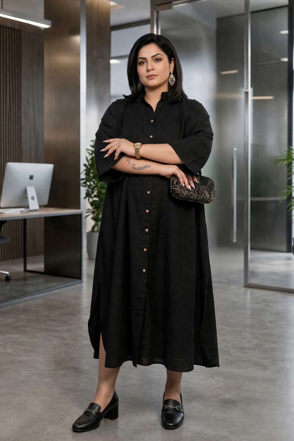 Black Oversized Linen Maxi Button Down Dress